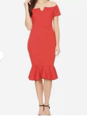 Quiz Women's Size 36 Off Shoulder Dress Mermaid Ruffle Red Midi Split Neck E7129
